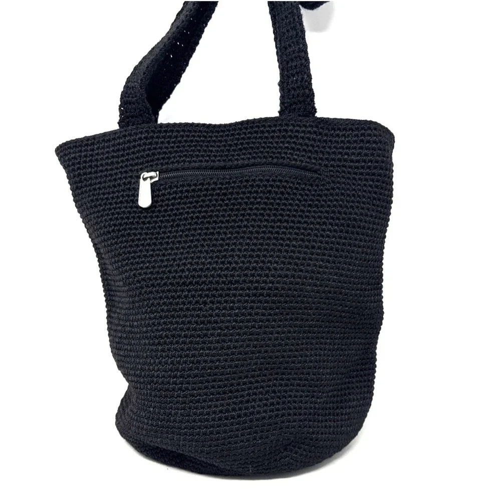 The Sak Crochet Hobo Bucket Bag Black Double Shoulder Strap Boho Euro Summer